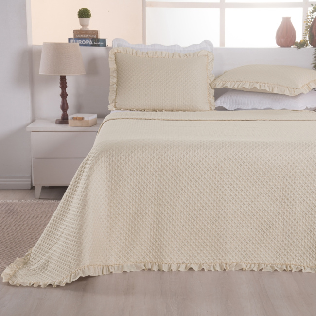 Kit Cobre Leito Colcha Queen 3 Peças Amore Matelado Dupla Face Palha