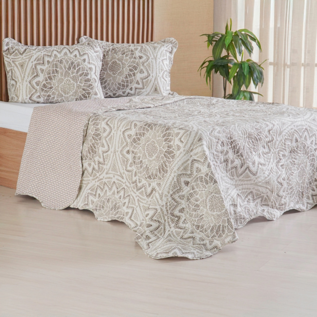 Kit Cobre Leito Colcha Queen 3 Peças Boutis Estampada Dupla Face Mandala