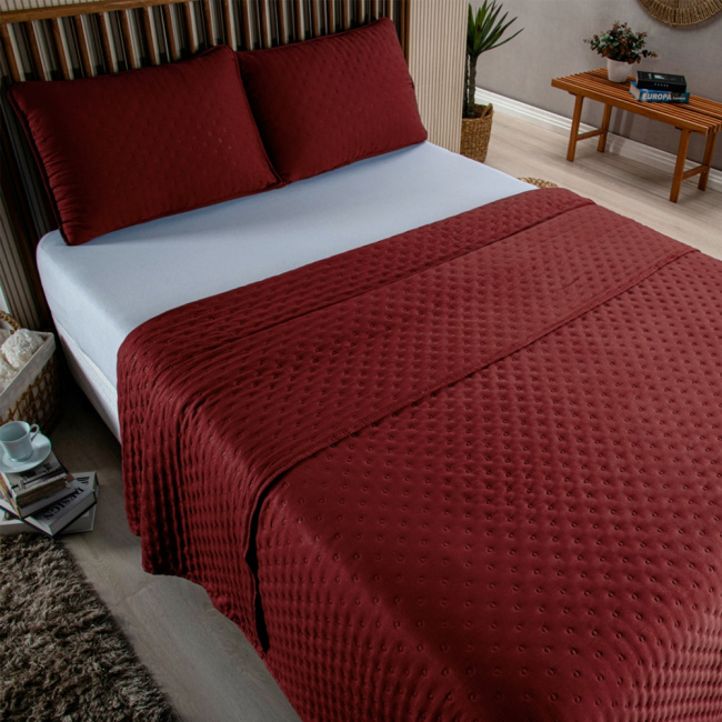 Kit Cobre Leito Colcha Queen 3 Peças Matelado Dupla Face Dots 300 Fios Vinho