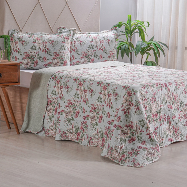 Kit Cobre Leito Colcha Solteiro 2 Peças Boutis Estampada Dupla Face Elegance