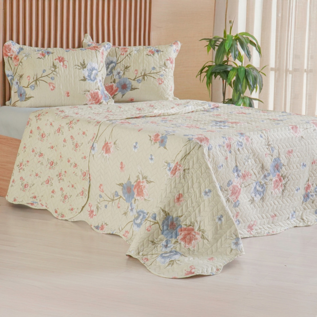 Kit Cobre Leito Colcha Solteiro 2 Peças Boutis Estampada Dupla Face Florata