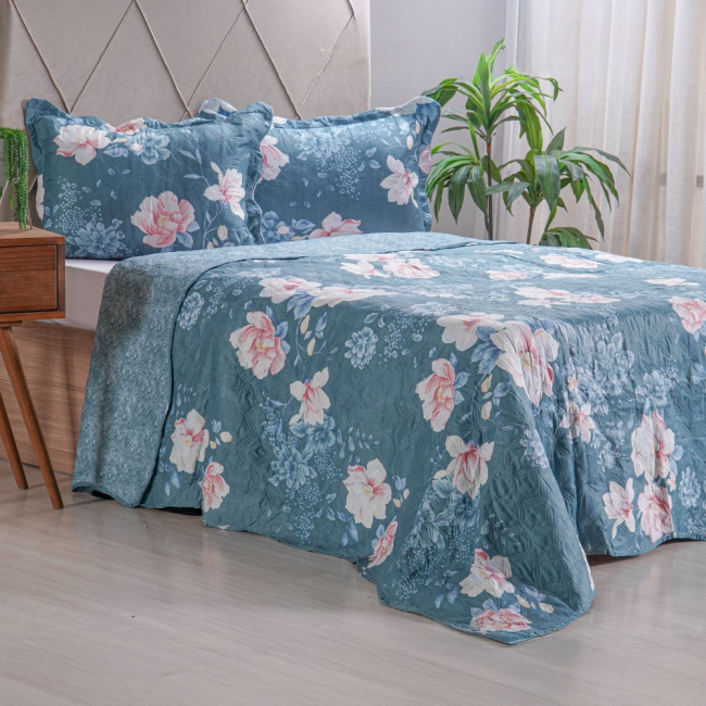 Kit Cobre Leito Colcha Solteiro 2 Peças Boutis Estampada Dupla Face Lavinia