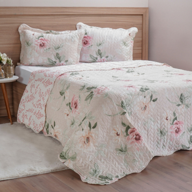 Kit Cobre Leito Colcha Solteiro 2 Peças Boutis Estampada Dupla Face Verona Rosê