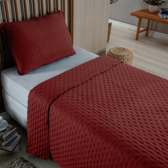 Kit Cobre Leito Colcha Solteiro 2 Peças Matelado Dupla Face Dots 300 Fios Vinho