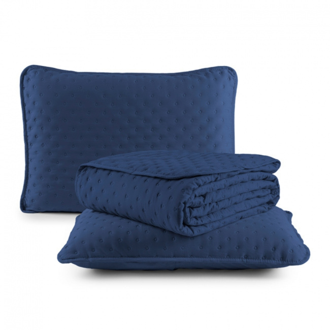 Kit Cobre Leito Colcha Super King 3 Peças Matelado Dupla Face Dots 300 Fios Azul Marinho
