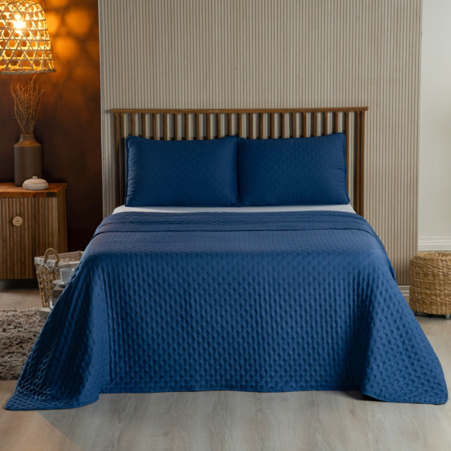 Kit Cobre Leito Colcha Super King 3 Peças Matelado Dupla Face Dots 300 Fios Azul Marinho