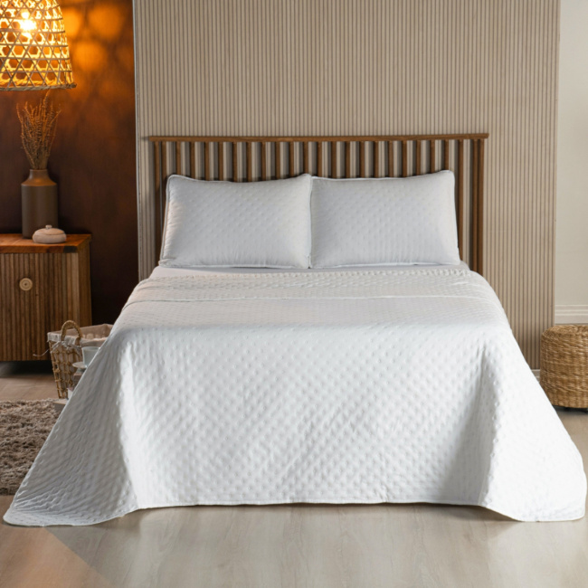 Kit Cobre Leito Colcha Super King 3 Peças Matelado Dupla Face Dots 300 Fios Branco