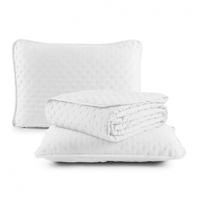 Kit Cobre Leito Colcha Super King 3 Peças Matelado Dupla Face Dots 300 Fios Branco