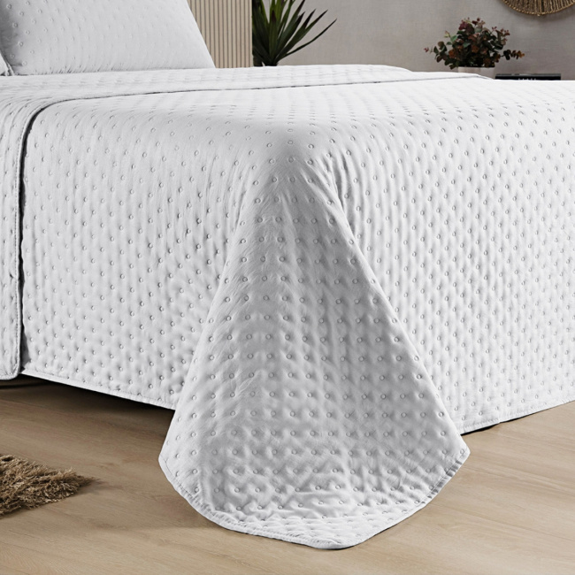 Kit Cobre Leito Colcha Super King 3 Peças Matelado Dupla Face Dots 300 Fios Branco