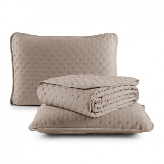 Kit Cobre Leito Colcha Super King 3 Peças Matelado Dupla Face Dots 300 Fios Cáqui