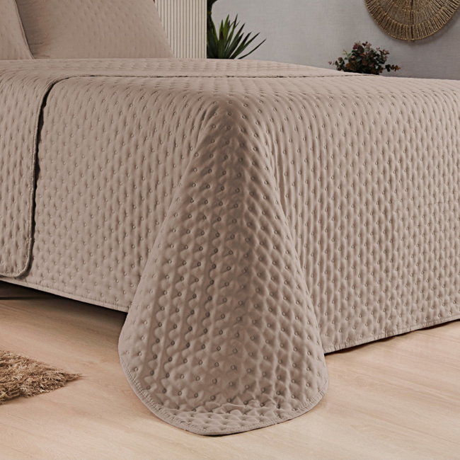Kit Cobre Leito Colcha Super King 3 Peças Matelado Dupla Face Dots 300 Fios Cáqui