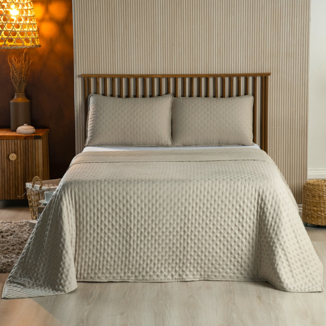 Kit Cobre Leito Colcha Super King 3 Peças Matelado Dupla Face Dots 300 Fios Cáqui