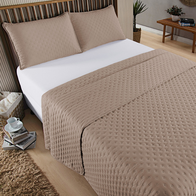 Kit Cobre Leito Colcha Super King 3 Peças Matelado Dupla Face Dots 300 Fios Cáqui