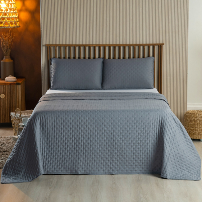 Kit Cobre Leito Colcha Super King 3 Peças Matelado Dupla Face Dots 300 Fios Cinza
