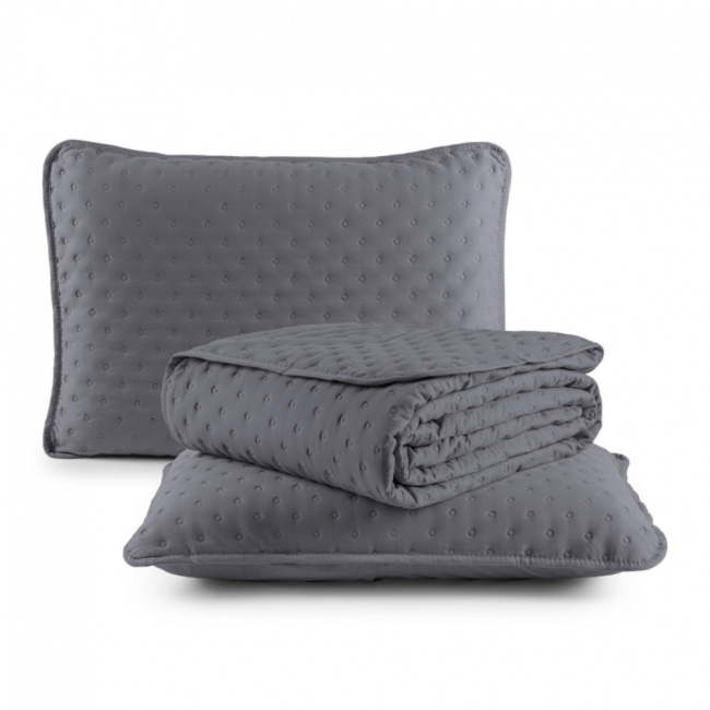 Kit Cobre Leito Colcha Super King 3 Peças Matelado Dupla Face Dots 300 Fios Cinza