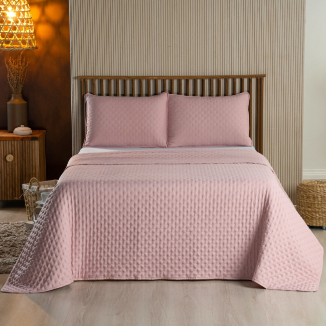 Kit Cobre Leito Colcha Super King 3 Peças Matelado Dupla Face Dots 300 Fios Rosê