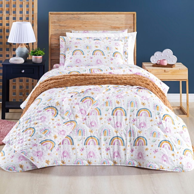 Kit Colcha Cobre Leito 2 Peças Solteiro Colorê Dupla Face Matelassê Arco-Íris