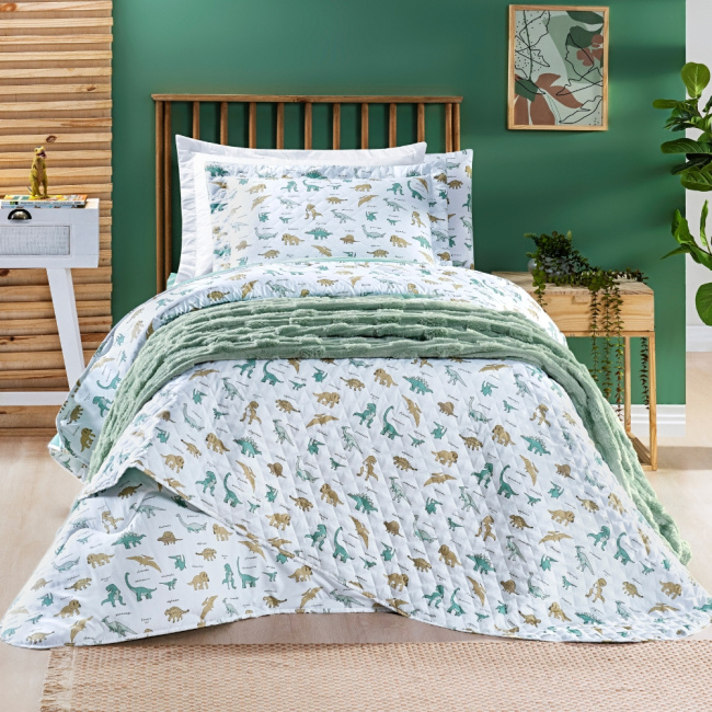 Kit Colcha Cobre Leito 2 Peças Solteiro Colorê Dupla Face Matelassê Dino