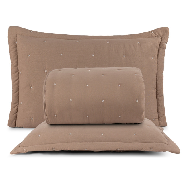 Kit Colcha Cobre Leito 3 Peças King Maxime 300 Fios Matelassê Bordado Caqui