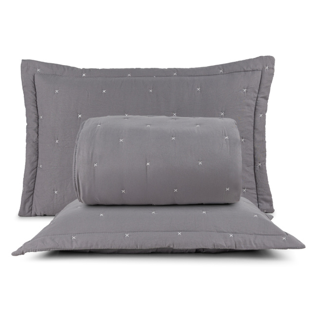 Kit Colcha Cobre Leito 3 Peças King Maxime 300 Fios Matelassê Bordado Cinza