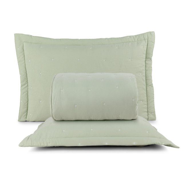 Kit Colcha Cobre Leito 3 Peças Queen Maxime 300 Fios Matelassê Bordado Verde Menta