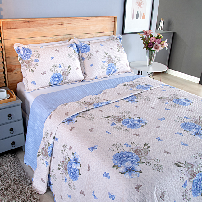 Kit Colcha Cobre Leito Casal 3 Peças 150 Fios Matelado Boutis Estampada Dupla Face Floral Azul