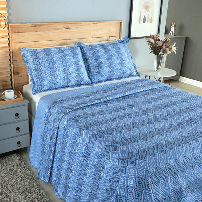 Kit Colcha Cobre Leito Casal 3 Peças 150 Fios Matelado Boutis Estampada Dupla Face Geométrico Azul