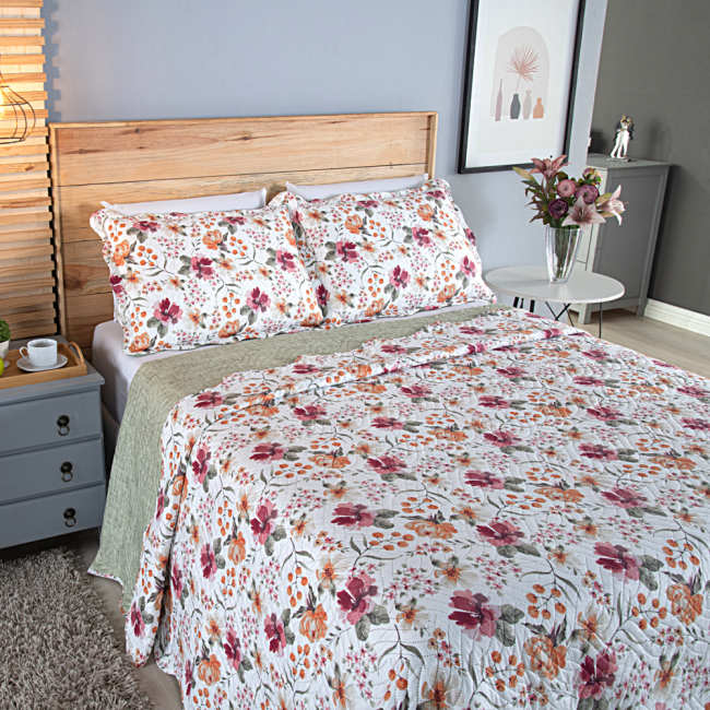 Kit Colcha Cobre Leito Casal 3 Peças 150 Fios Matelado Boutis Estampada Dupla Face Primavera Cáqui