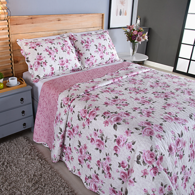 Kit Colcha Cobre Leito Casal 3 Peças 150 Fios Matelado Boutis Estampada Dupla Face Rosas Marfim