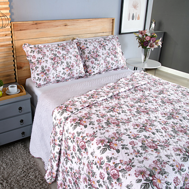 Kit Colcha Cobre Leito Casal 3 Peças 150 Fios Matelado Boutis Estampada Dupla Face Rosas Salmão