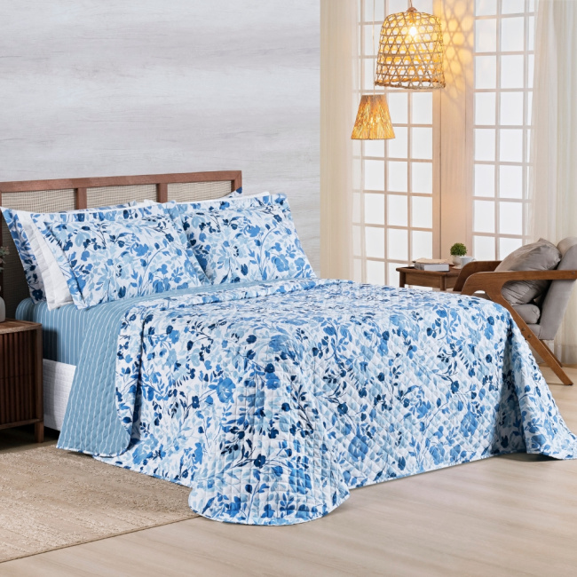 Kit Colcha Cobre Leito Casal 3 Peças 400 Fios Percal Matelassê Dupla Face Premier Estampado Floral Azul