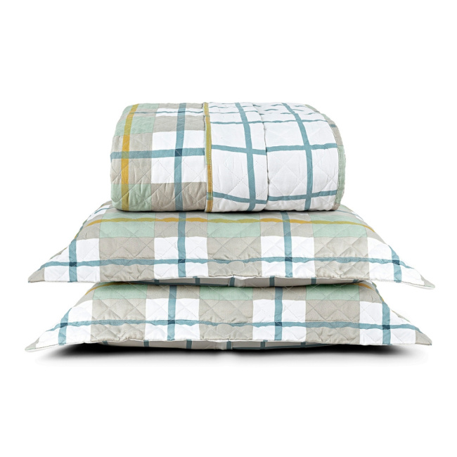 Kit Colcha Cobre Leito Casal 3 Peças 400 Fios Percal Matelassê Dupla Face Premier Estampado Grid Verde