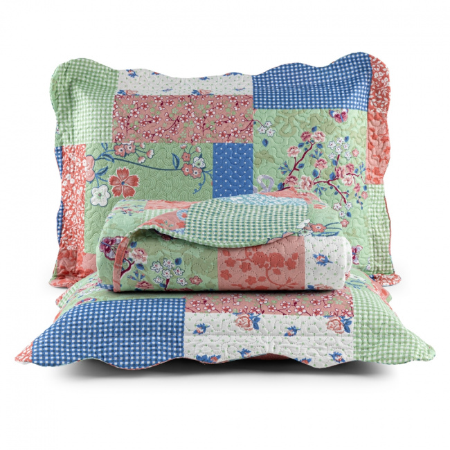 Kit Colcha Cobre Leito Casal 3 Peças Bouti Matelado Dupla Face Patchwork Lily