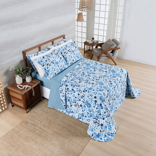 Kit Colcha Cobre Leito Casal 3 Peças 400 Fios Percal Matelassê Dupla Face Estampado Floral Azul
