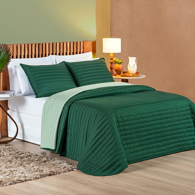 Kit Colcha Cobre Leito Dupla Face 200 Fios Matelassê Colors Esmeralda/Verde Claro
