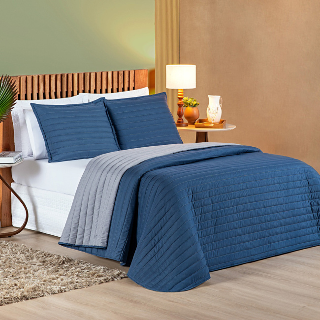 Kit Colcha Cobre Leito Dupla Face 200 Fios Matelassê Colors Marinho/Cinza