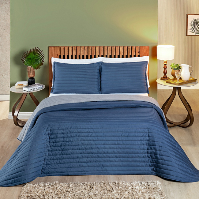 Kit Colcha Cobre Leito Dupla Face 200 Fios Matelassê Colors Marinho/Cinza