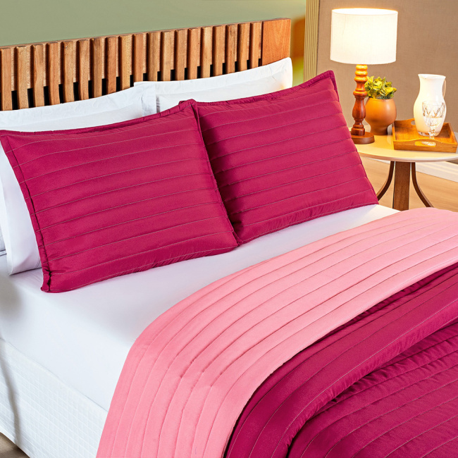 Kit Colcha Cobre Leito Dupla Face 200 Fios Matelassê Colors Pink/Rosa