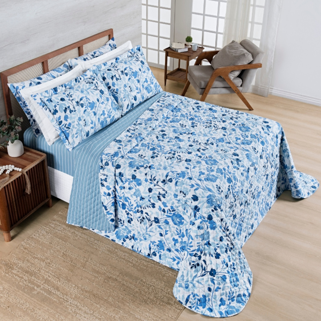 Kit Colcha Cobre Leito King 3 Peças 400 Fios Percal Matelassê Dupla Face Premier Estampado Floral Azul
