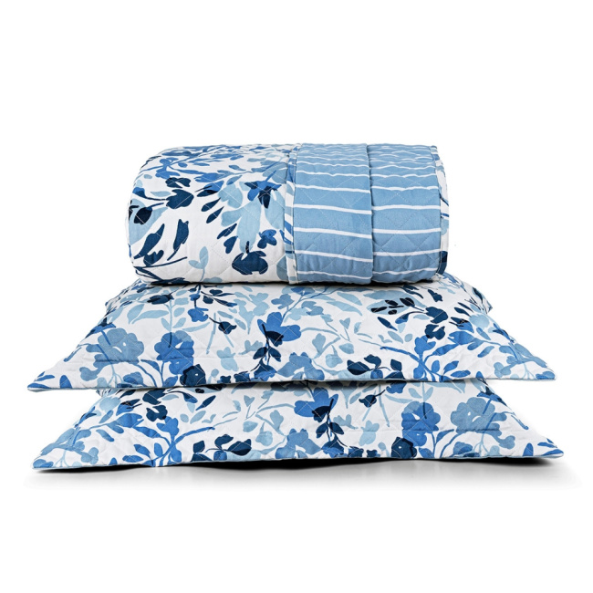 Kit Colcha Cobre Leito King 3 Peças 400 Fios Percal Matelassê Dupla Face Premier Estampado Floral Azul