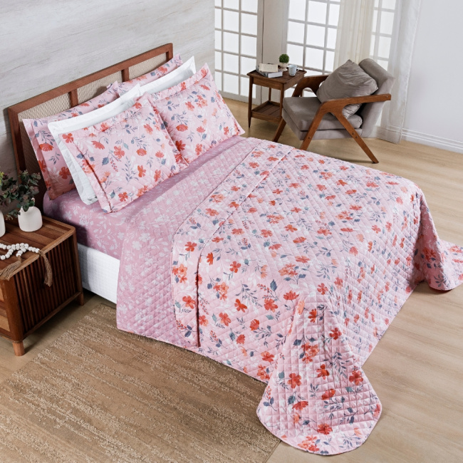 Kit Colcha Cobre Leito King 3 Peças 400 Fios Percal Matelassê Dupla Face Premier Estampado Floral Rosa