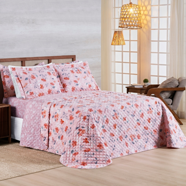 Kit Colcha Cobre Leito King 3 Peças 400 Fios Percal Matelassê Dupla Face Premier Estampado Floral Rosa