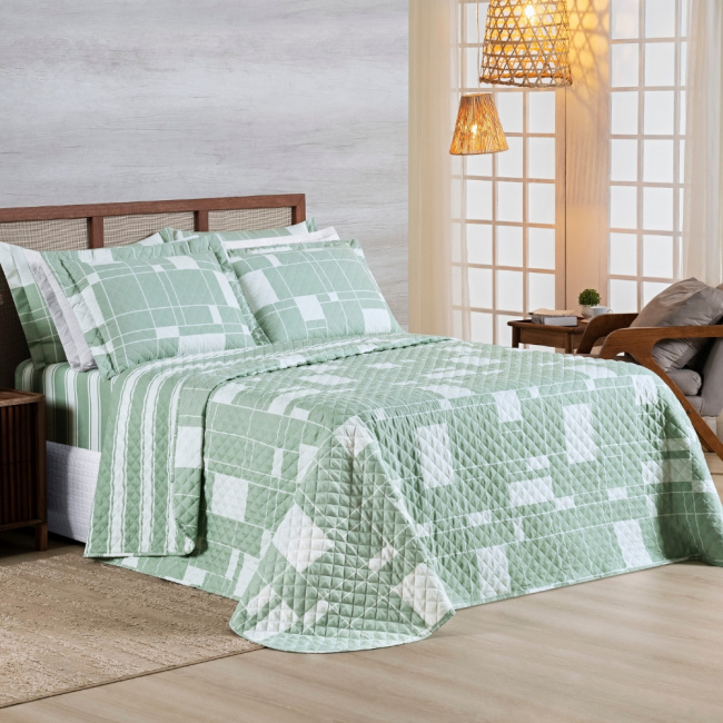 Kit Colcha Cobre Leito King 3 Peças 400 Fios Percal Matelassê Dupla Face Premier Estampado Geometric Verde