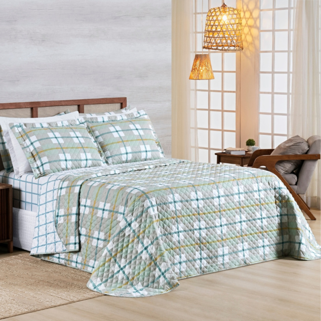 Kit Colcha Cobre Leito King 3 Peças 400 Fios Percal Matelassê Dupla Face Premier Estampado Grid Verde
