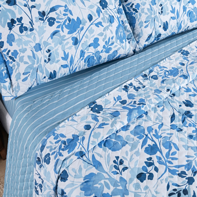 Kit Colcha Cobre Leito King 3 Peças 400 Fios Percal Matelassê Dupla Face Premier Estampado Floral Azul