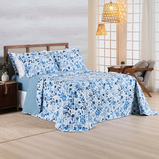 Kit Colcha Cobre Leito King 3 Peças 400 Fios Percal Matelassê Dupla Face Premier Estampado Floral Azul