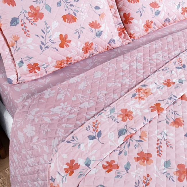 Kit Colcha Cobre Leito King 3 Peças 400 Fios Percal Matelassê Dupla Face Premier Estampado Floral Rosa