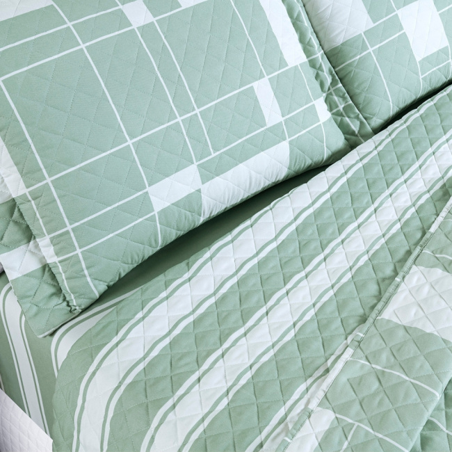Kit Colcha Cobre Leito King 3 Peças 400 Fios Percal Matelassê Dupla Face Premier Estampado Geometric Verde