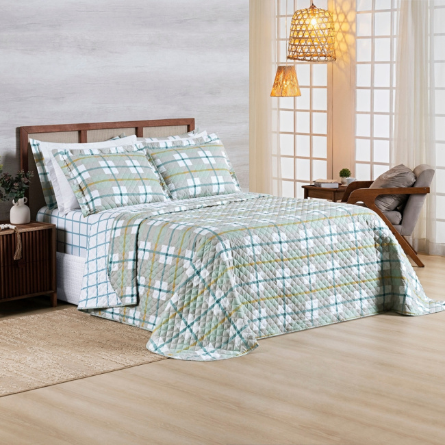 Kit Colcha Cobre Leito King 3 Peças 400 Fios Percal Matelassê Dupla Face Premier Estampado Grid Verde