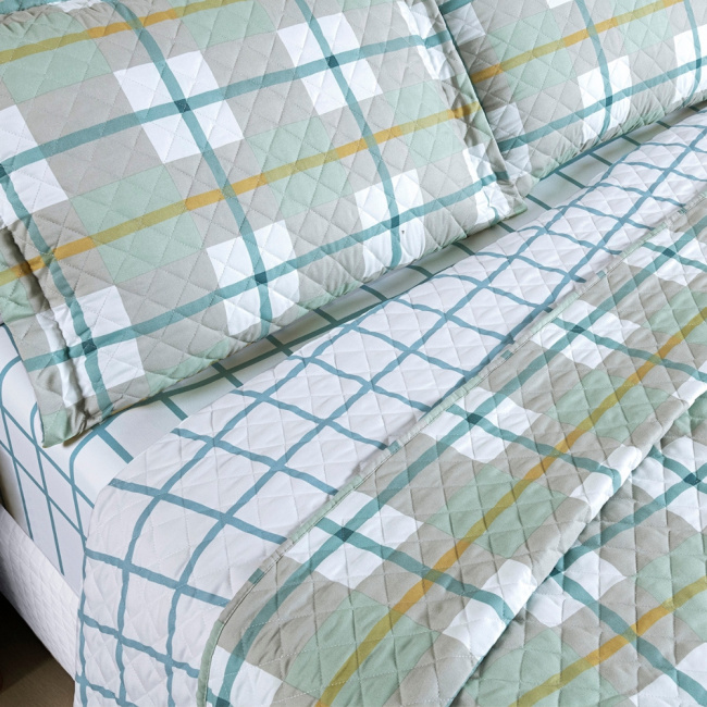 Kit Colcha Cobre Leito King 3 Peças 400 Fios Percal Matelassê Dupla Face Premier Estampado Grid Verde